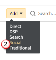 The Add menu showing Direct, DSP, Search, Social, and Traditional options with Social highlighted.